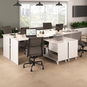 Conjunto 4 Escrivaninhas Retrô em L para Escritório e Home Office com 2 Gavetas e 5 Nichos Gold