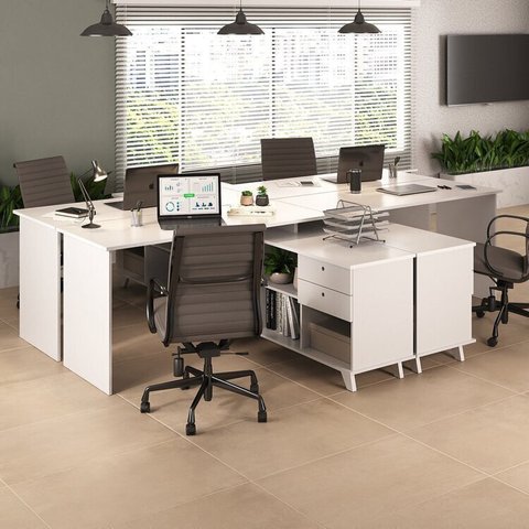 Conjunto 4 Escrivaninhas Retrô em L para Escritório e Home Office com 2 Gavetas e 5 Nichos Gold