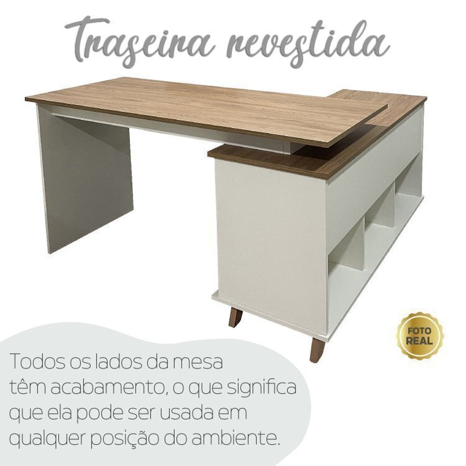 Conjunto 4 Escrivaninhas Retrô em L para Escritório e Home Office com 2 Gavetas e 5 Nichos Gold - 17