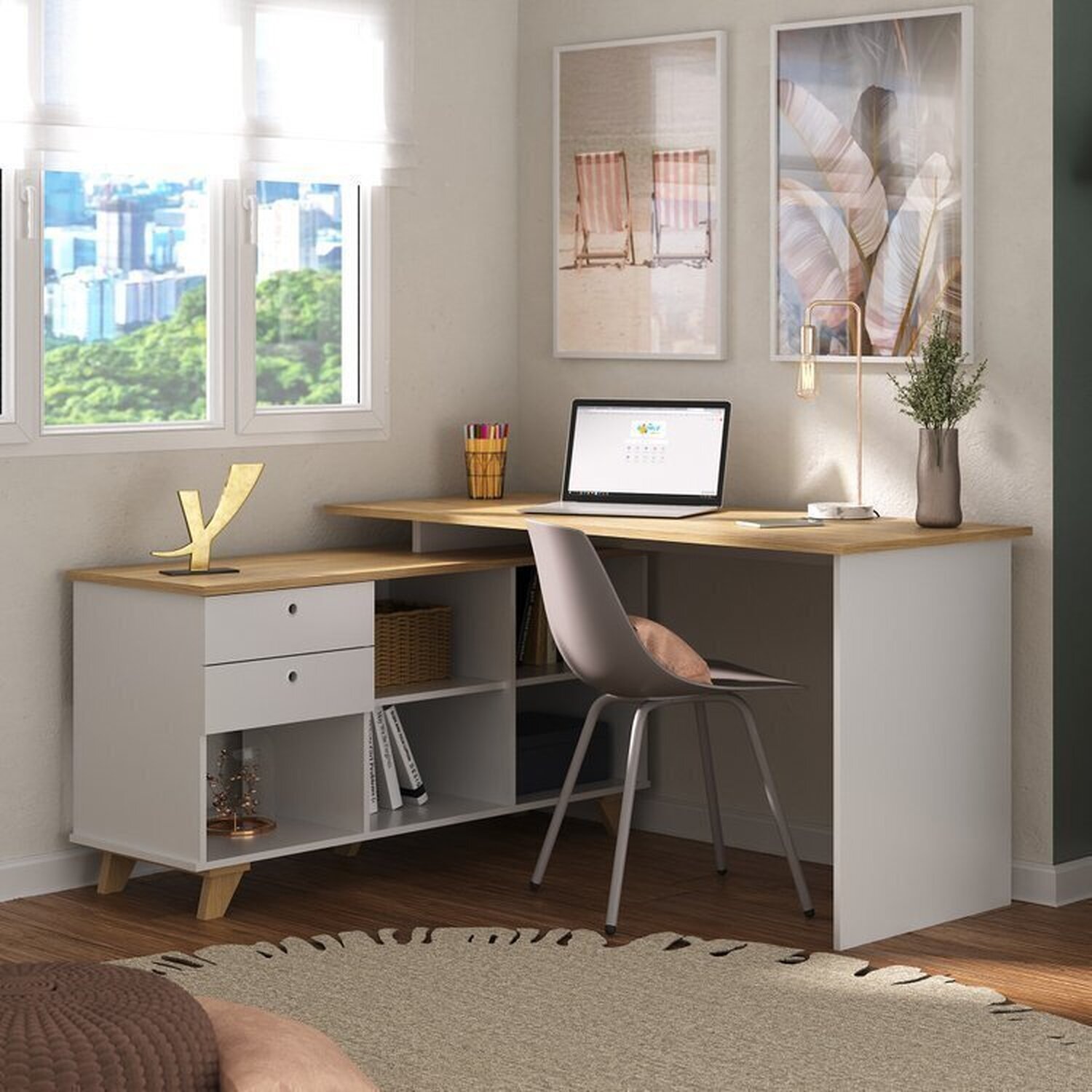 Conjunto 4 Escrivaninhas Retrô em L para Escritório e Home Office com 2 Gavetas e 5 Nichos Gold - 18