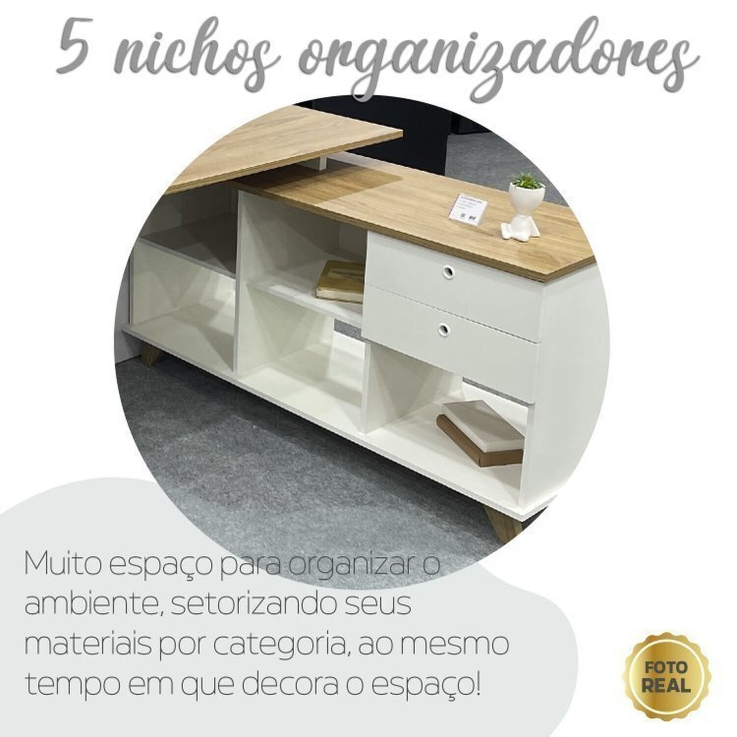 Conjunto 4 Escrivaninhas Retrô em L para Escritório e Home Office com 2 Gavetas e 5 Nichos Gold - 15