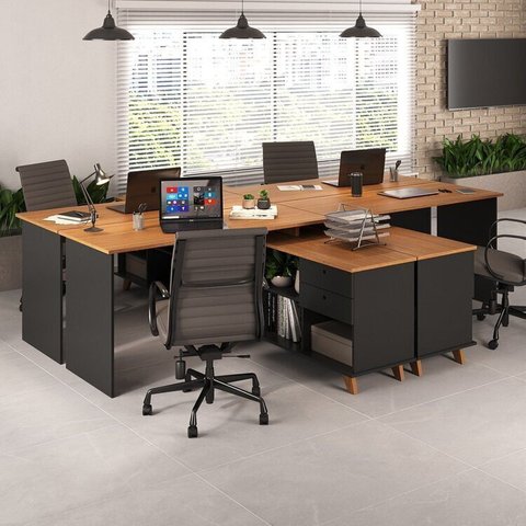 Conjunto 4 Escrivaninhas Retrô em L para Escritório e Home Office com e Gold 5 Nichos Freijó e Preto