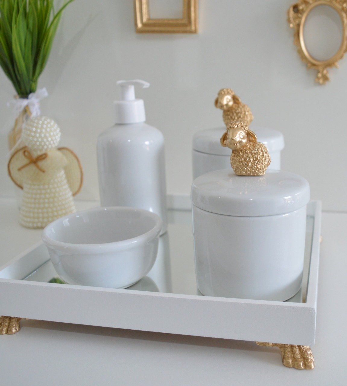 Kit Higiene Porcelana Bebê Banho Cuidado Quarto K014 Ovelha - Dourado - 2