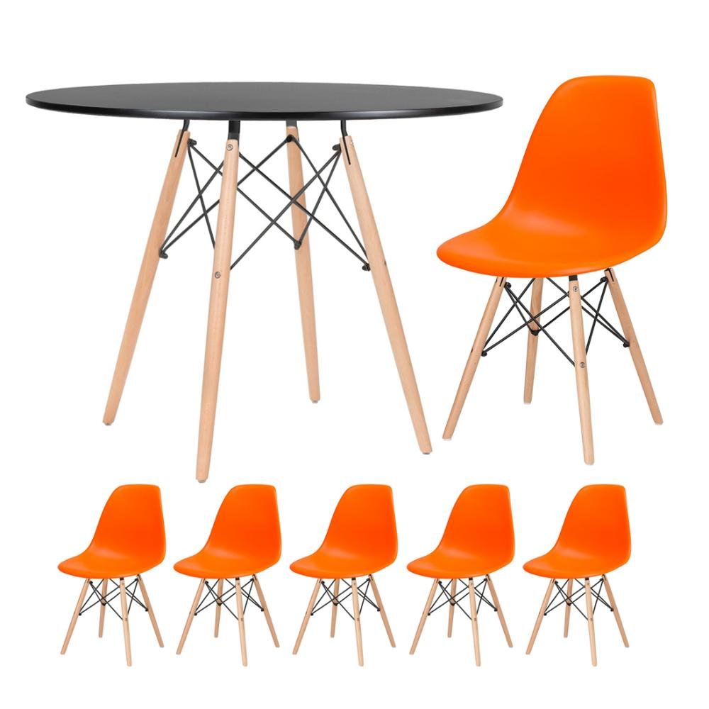 Conjunto de Mesa Redonda Eames 100cm Preto + 5 Cadeiras Eiffel Dsw Laranja - 1