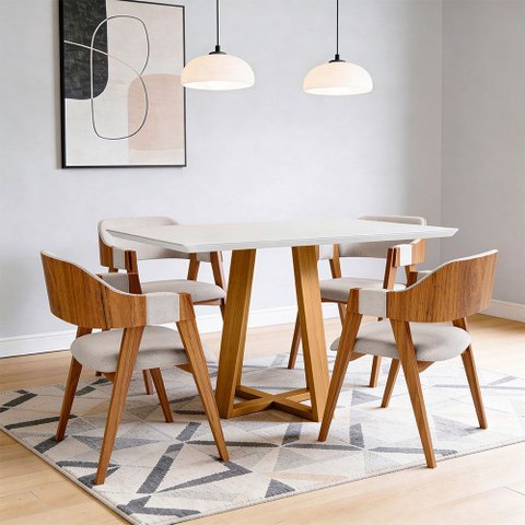 Mesa Retangular Elian Tampo de Vidro 135cm Ypê Off White N01 com 4 Cadeiras Suran Linho Cru - Lyam D