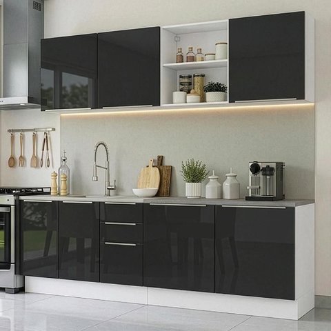 Armário de Cozinha Completa 240 cm Branco/Preto Lux Madesa 09