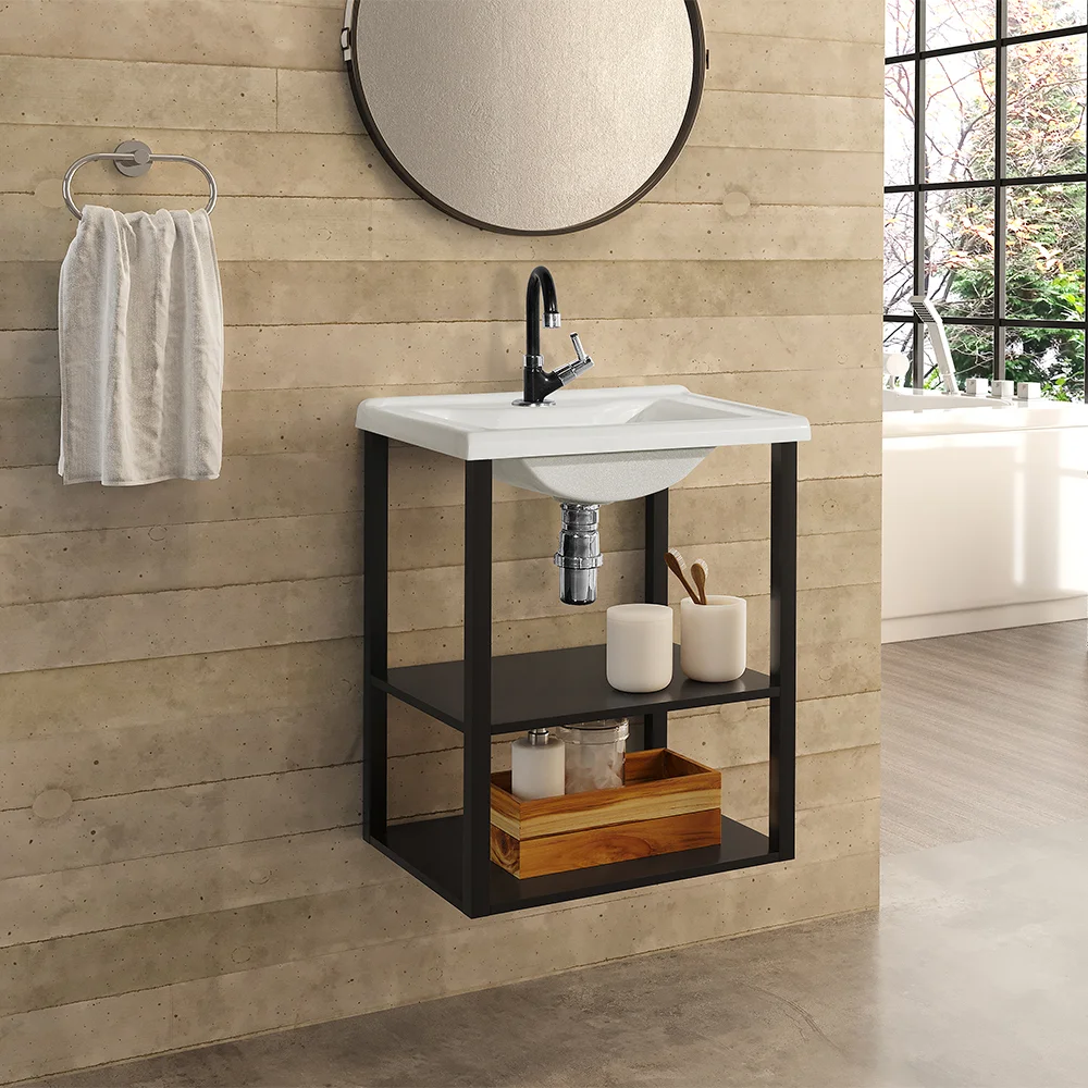 Gabinete de Estilo Industrial para Banheiro com Cuba 0,45m - Aço Preto Cuba Branca