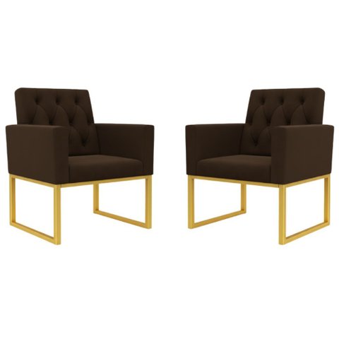Kit 2 Poltronas para Recepção Thais com Base de Ferro Dourado Resistente Marrom
