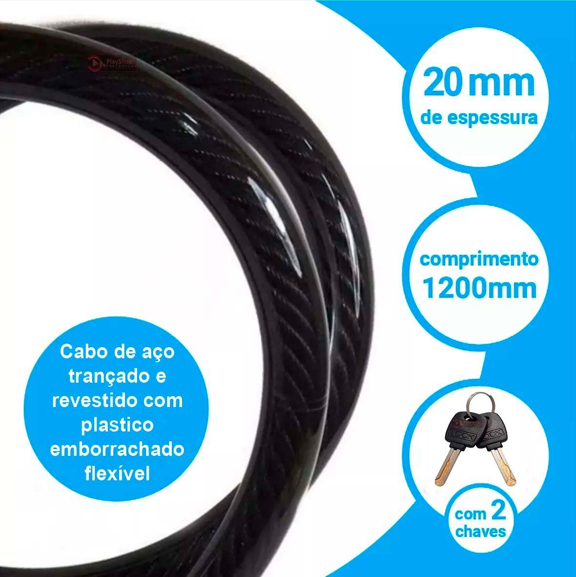 Corrente Cadeado para Bicicleta Bike Moto Portão Aço Articulável com 2 Chaves - 6