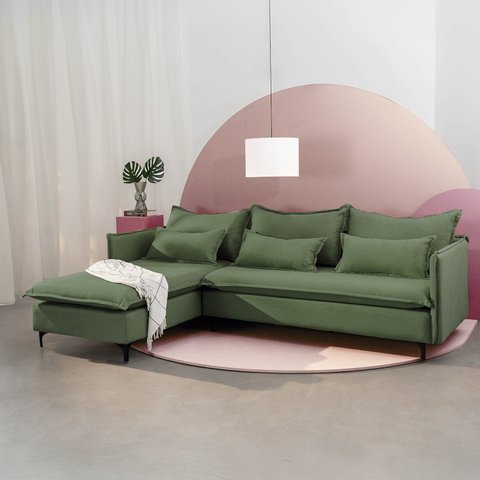 Sofá Modular 3 Lugares com Chaise e Pé Metal Sôma CabeCasa MadeiraOriginals Verde