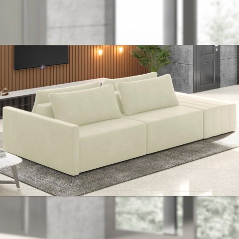 Sofá Ilha Modulado Milos 252cm Puff Lateral Veludo Bege G33 - Gran Belo