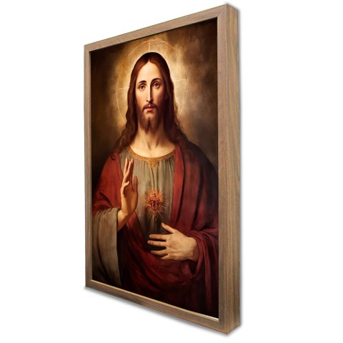 Quadro Decorativo Jesus Cristo em Moldura Caixa Tacolado Moldura Caixa 3cm Madeira com Vidro 20 X 30