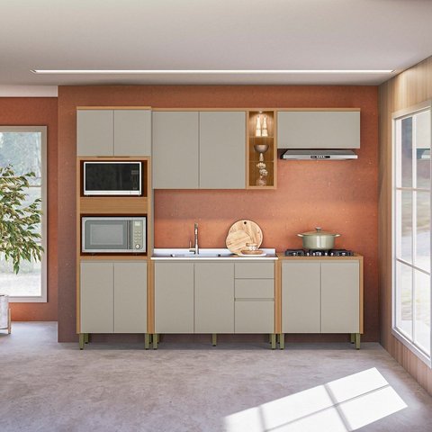 Cozinha Completa Modulada 5 Peças com Torre Quente Allure Marrom/Jequitibá/Gris Fosco