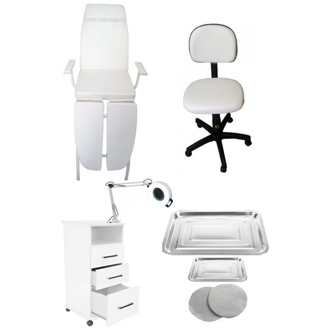 Kit Podologia Cadeira Luminária com Exaustor Armário Mocho Bandejas Fiscomed Kit Poltrona para Podol