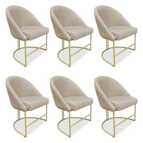 Kit 06 Cadeiras Poltrona de Jantar Bela Suede Bege Base Metálica Industrial Dourado - Pallazio