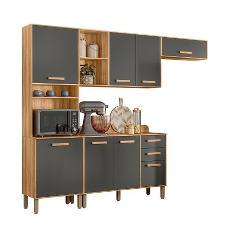 Cozinha Maria Flor 260cm 5 Portas com Balcão Freijó/chumbo - Nicioli