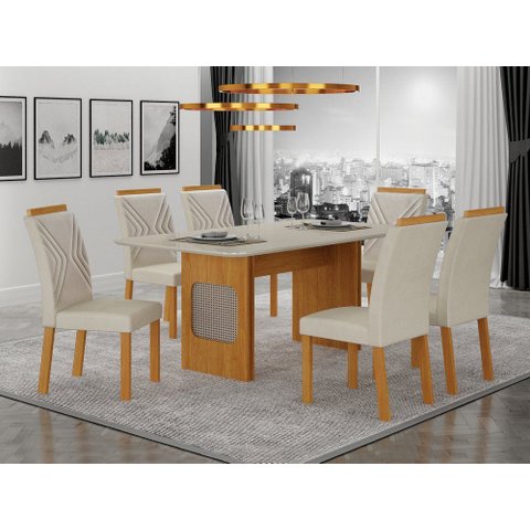 Conjunto Sala de Jantar Lara 1,80m com 6 Cadeiras Clara Plus Cinamomo/Off White/Joli Palha