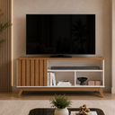 Ver imagem 1 de Rack para TV 50 Polegadas em MDF e MDP Malbec Wood - Off White/Freijó