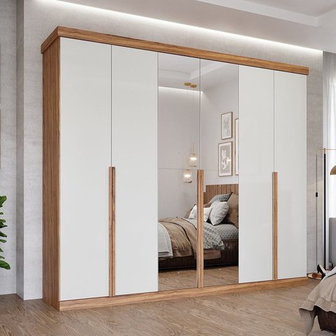 Guarda-Roupa Casal 267cm 6 Portas com Espelho 100% MDF Linhares Espresso Móveis Off White/Cinamomo