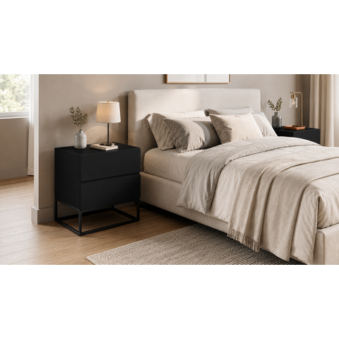 Kit Mesa Cabeceira Eros 45cm 2 Gavetas Estilo Industrial Preto Pés de Ferro Preto