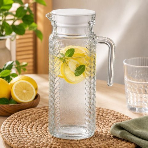 Jarra Firenze Vidro com Tampa Plastica Branca para Agua e Suco Decorada Porta Geladeira Incolor 1L