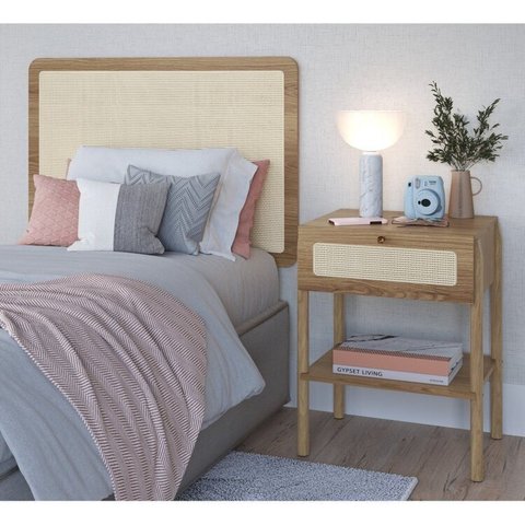 Conjunto Cabeceira Solteiro 90cm e Mesa de Cabeceira 1 Gaveta Pé Madeira Palhinha Oslo Bege