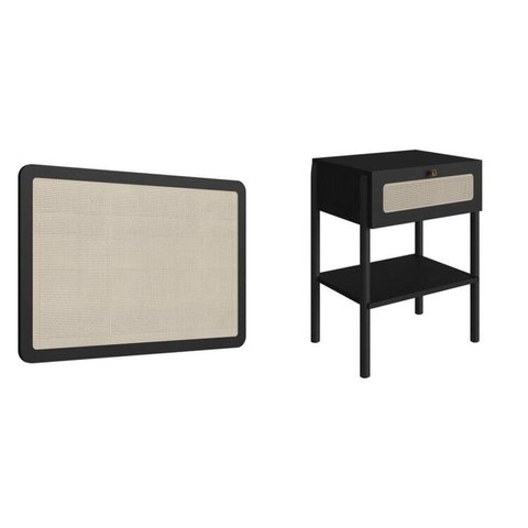 Conjunto Cabeceira Solteiro 90cm e Mesa de Cabeceira 1 Gaveta Pé Madeira Palhinha Oslo Nero Preto