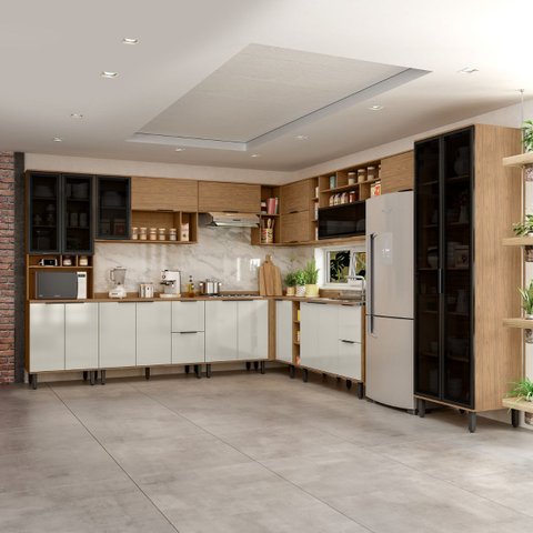 Cozinha Modulada Completa de Canto Lombardia Freijó Off White