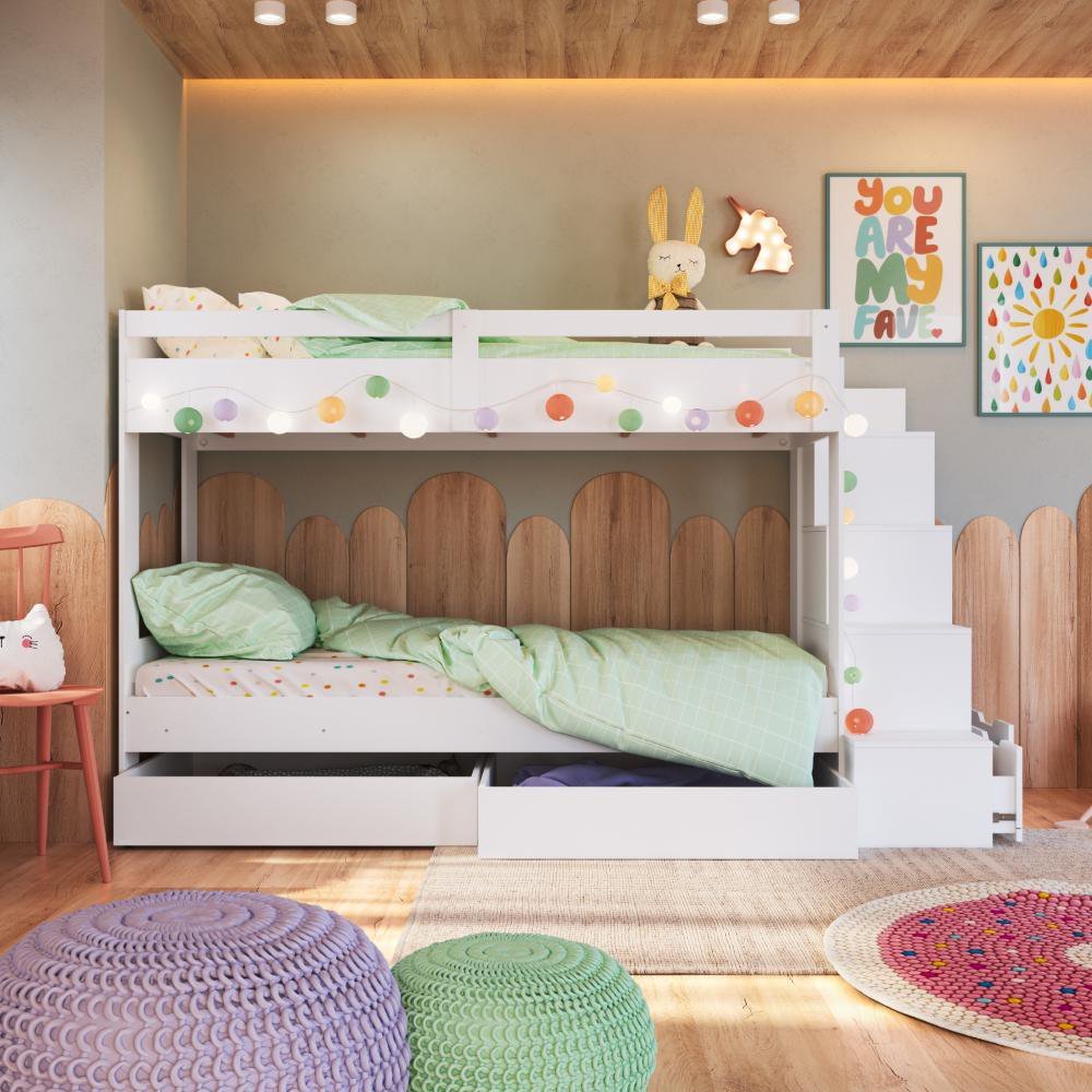 Cama Beliche Infantil com Escada e Nichos com 2 Gavetões Branco - 6