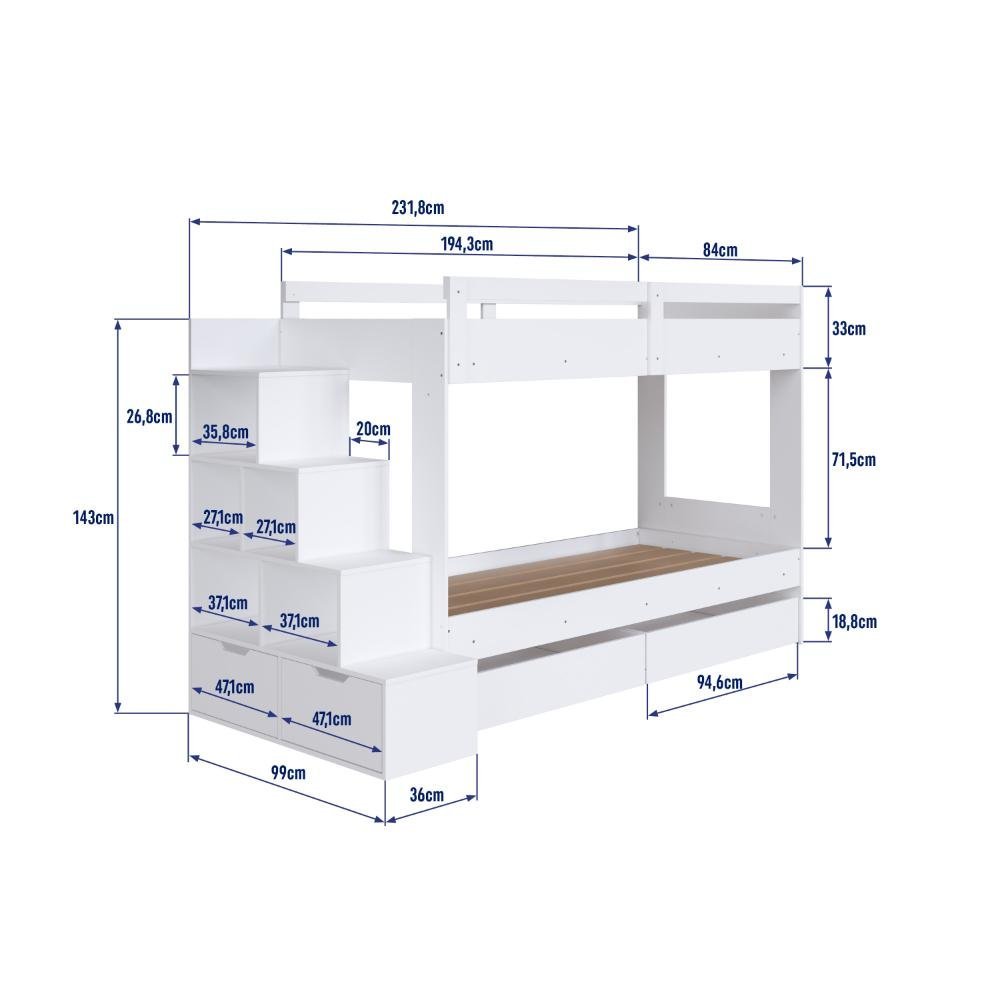 Cama Beliche Infantil com Escada e Nichos com 2 Gavetões Branco - 3