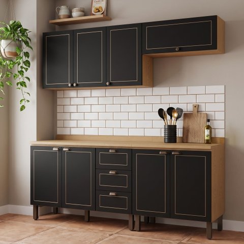 Cozinha Modulada 4 Peças 2 Aéreos e 2 Balcões com Tampo Conecta Frise Yescasa Cinamomo/Preto