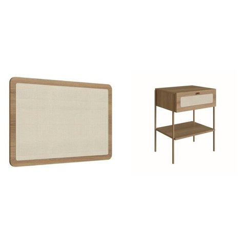 Conjunto Cabeceira Solteiro 90cm e Mesa de Cabeceira 1 Gaveta Pé Metal Dourado Palhinha Oslo Bege