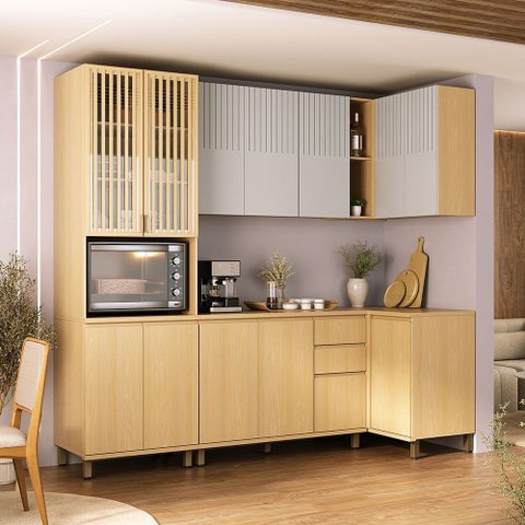Cozinha Compacta de Canto 100 MDF 5 Peças com Tampo e Espaço Micro-Ondas 236cm Aura Luciane Móveis