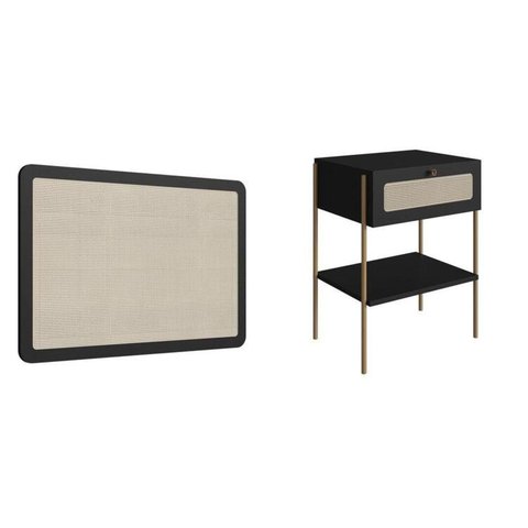 Conjunto Cabeceira Solteiro 90cm e Mesa de Cabeceira 1 Gaveta Pé Metal Dourado Palhinha Oslo Preto