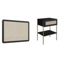 Ver imagem 1 de Conjunto Cabeceira Solteiro 90cm e Mesa de Cabeceira 1 Gaveta Pé Metal Dourado Palhinha Oslo Preto