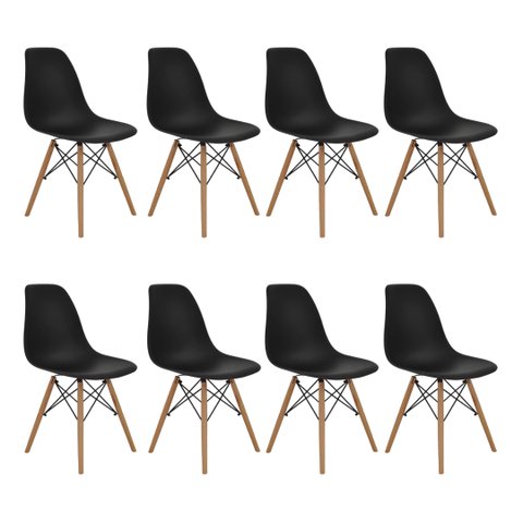 Kit com 8 Cadeira Eames Eiffel Wood Preta para Sala de Jantar