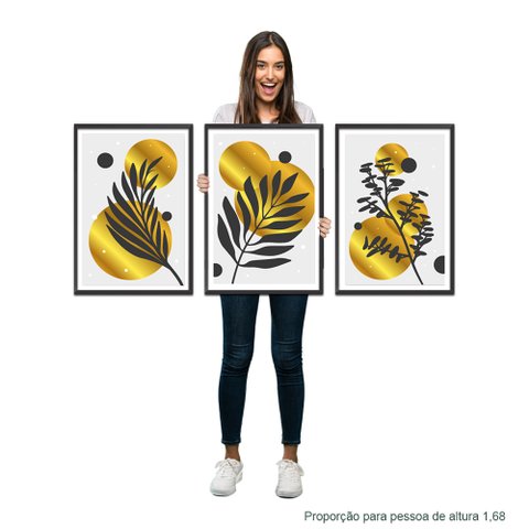 Kit 3 Placas Decorativas Folhas de Ouro 60x40 Cada com Moldura Preta