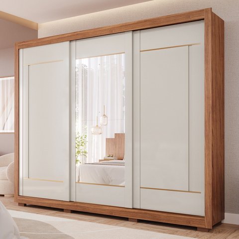 Guarda-Roupa Casal 3 Portas de Correr com Pés e Espelhos 269cm 100% MDF Olinda Espresso Móveis Bege/Cinamomo/Off White