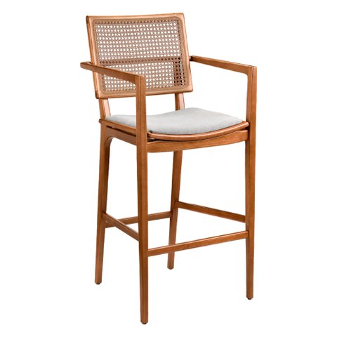 Banqueta Leidy 55cm Madeira Maciça com Braço | Linho Cinza Claro - Sallar Home