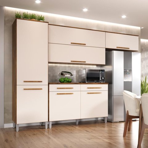 Armário Cozinha Jasmim 7 Portas 2gav Pés Reguláveis Castanho/off White