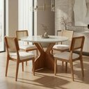 Ver imagem 1 de Mesa de Jantar com Tampo de Vidro e 4 Cadeiras Tecido Bouclé em MDF Cor:Off White com Freijó e