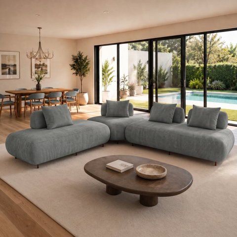 Sofá de Canto Modulado Orgânico com Almofadas e Base Madeira Maciça 280CMX340CM Madri