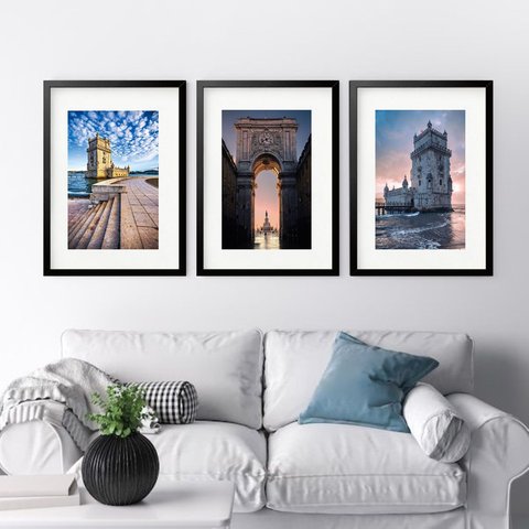 Kit 3 Quadros Grandes Lisboa - 60x48cm:moldura Preta