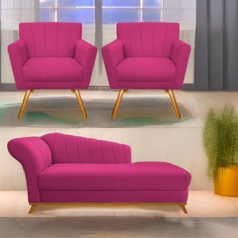 Kit Diva Recamier Vanessa 185cm Lado Direito e 02 Poltronas Laura Suede - Doce Sonho Móveis RECAMIER