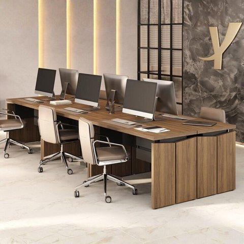 Conjunto com 6 Escrivaninhas com Gavetas Mesa Escritório para 6 Pessoas 125,3cm Marrom/Nogal/Preto Artany