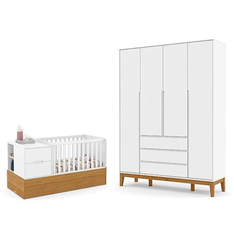 Berço Americano Multifuncional Formare e Guarda Roupa Nature Clean 4 Portas Branco Freijó Eco Wood -