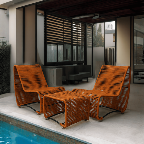Conj Lotus 2 Poltronas e Puff em Aço para Sala Varanda Gourmet Corda Náutica