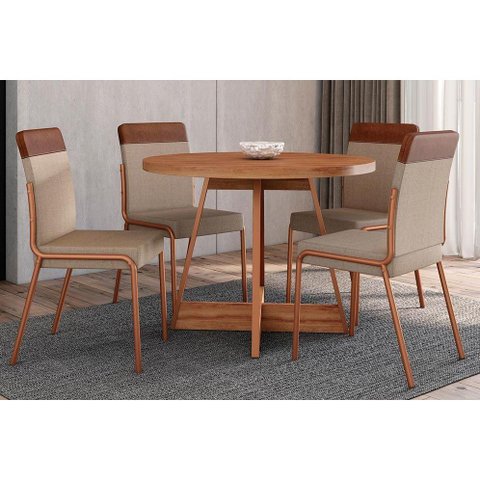 Sala de Jantar Completa Átria 1594 Aço C/ Tampo Madeirado 100cm e 4 Cadeiras Duo Rose/freijó/