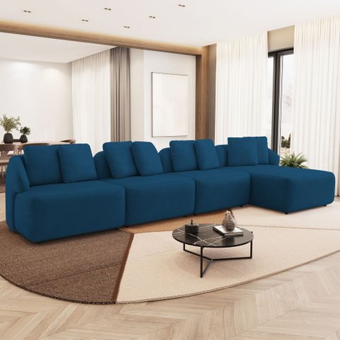 Sofá 5 Lugares com Chaise Direito Sala Living 328cm Arlo F04 Veludo Azul Marinho - Lyam Dec
