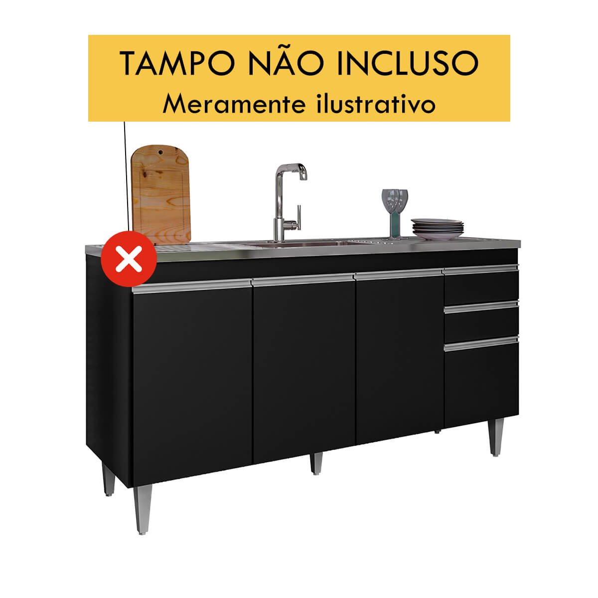 Balcão de Cozinha 150 Cm 4 Portas 2 Gavetas sem Tampo Ayla Preto - 4